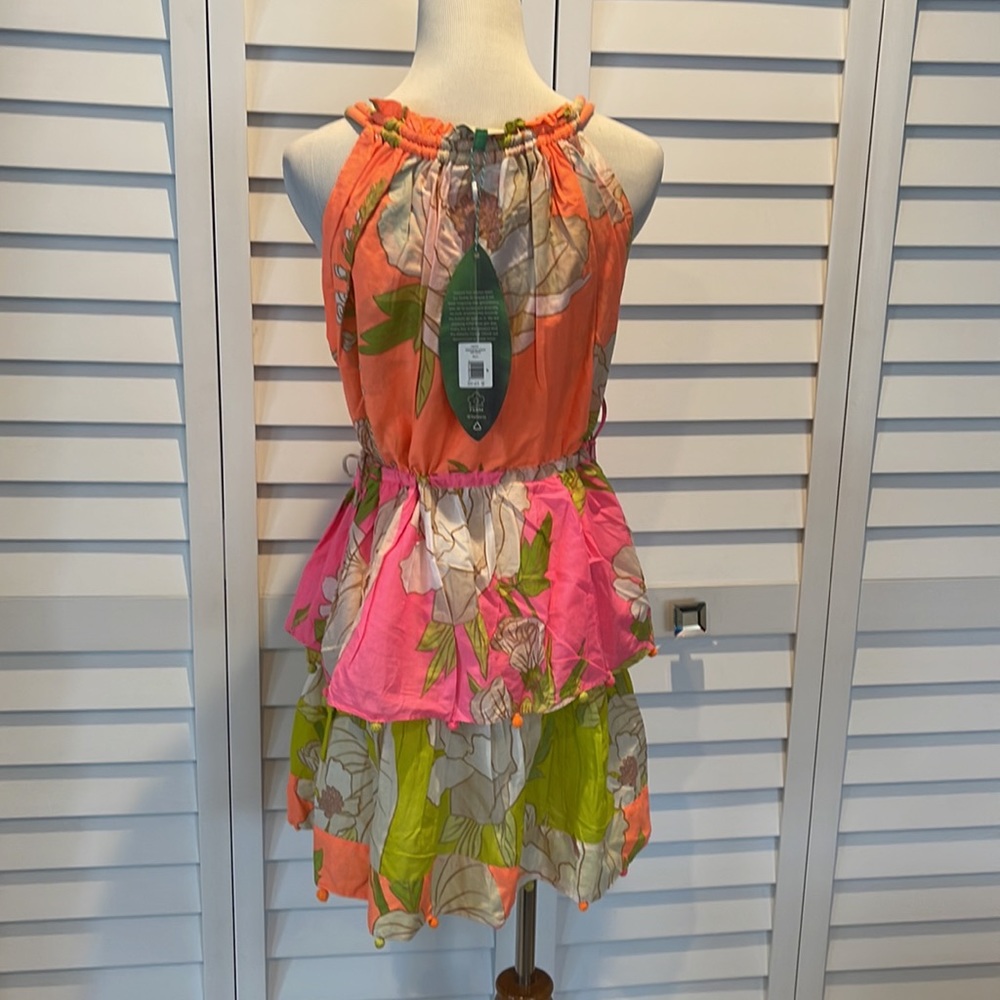 Farm Rio NWT Mixed Neon Garden Mini Dress with side adjustable drawstrings. - Picture 11 of 13